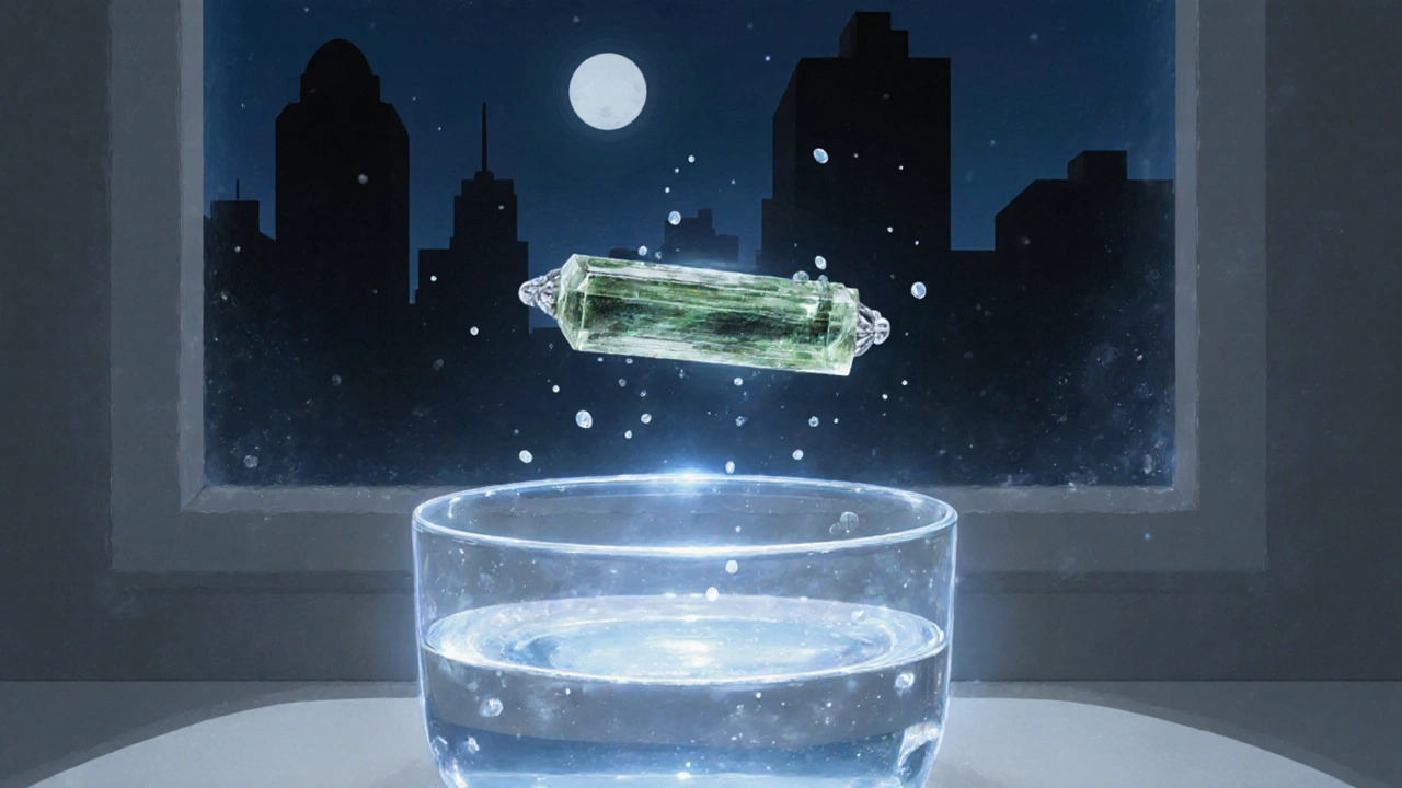 Браслет над водой в лунном свете, город за окном.