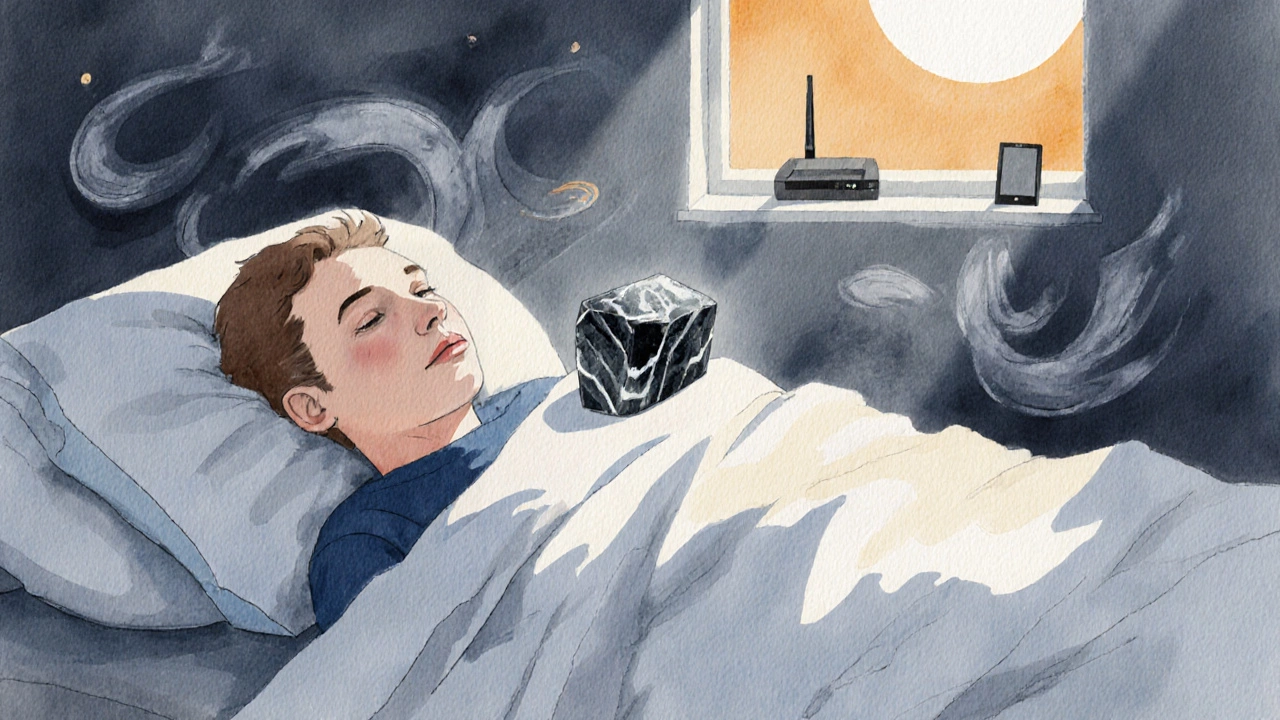 Человек спит с черным турмалином под подушкой, электромагнитные волны рассеиваются в свете луны.