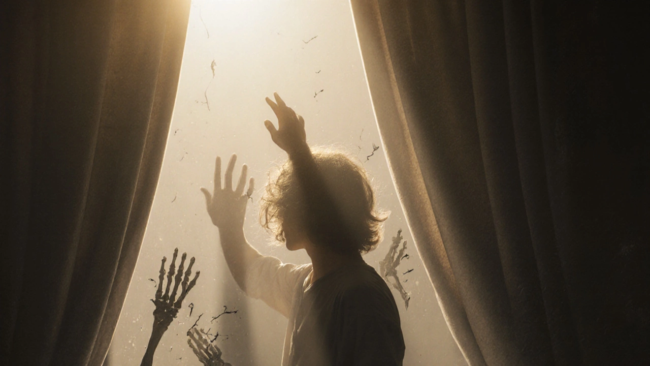 Человек тянется к солнечному свету, а вокруг него падают волосы и осколки костей.