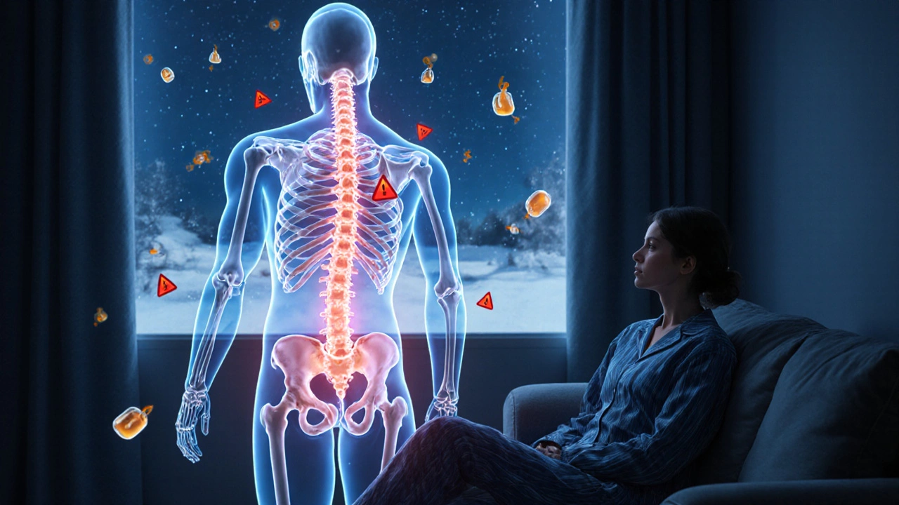 Схематичное изображение человека с ослабленными костями и исчезающими молекулами витамина Д.