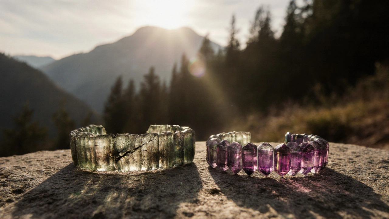 Старый и новый турмалиновые браслеты рядом на камне.