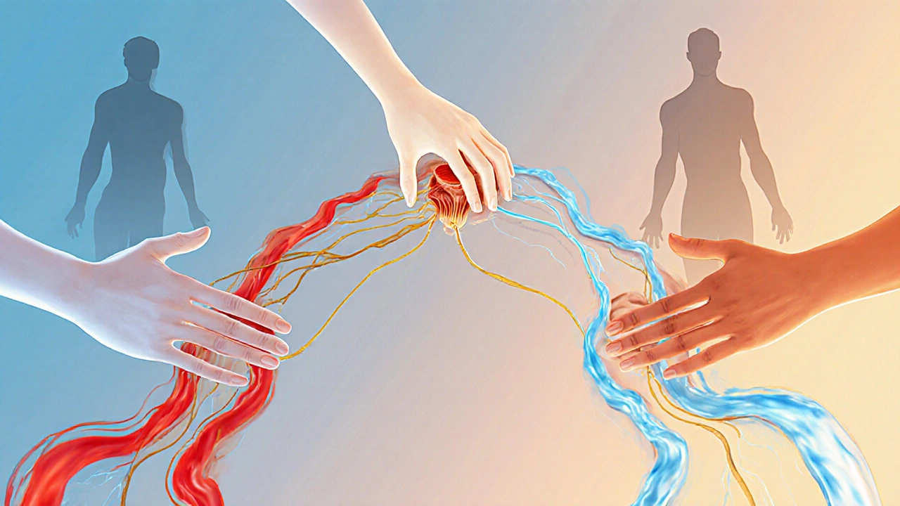 Абстрактное изображение кровотока, нервных импульсов и расслабления мышц, сходящихся в области таза для восстановления потенции.