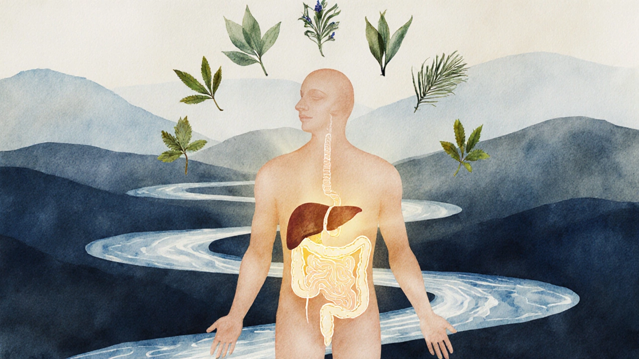 Абстрактное изображение тела как ландшафта с травами, символизирующими восстановление.