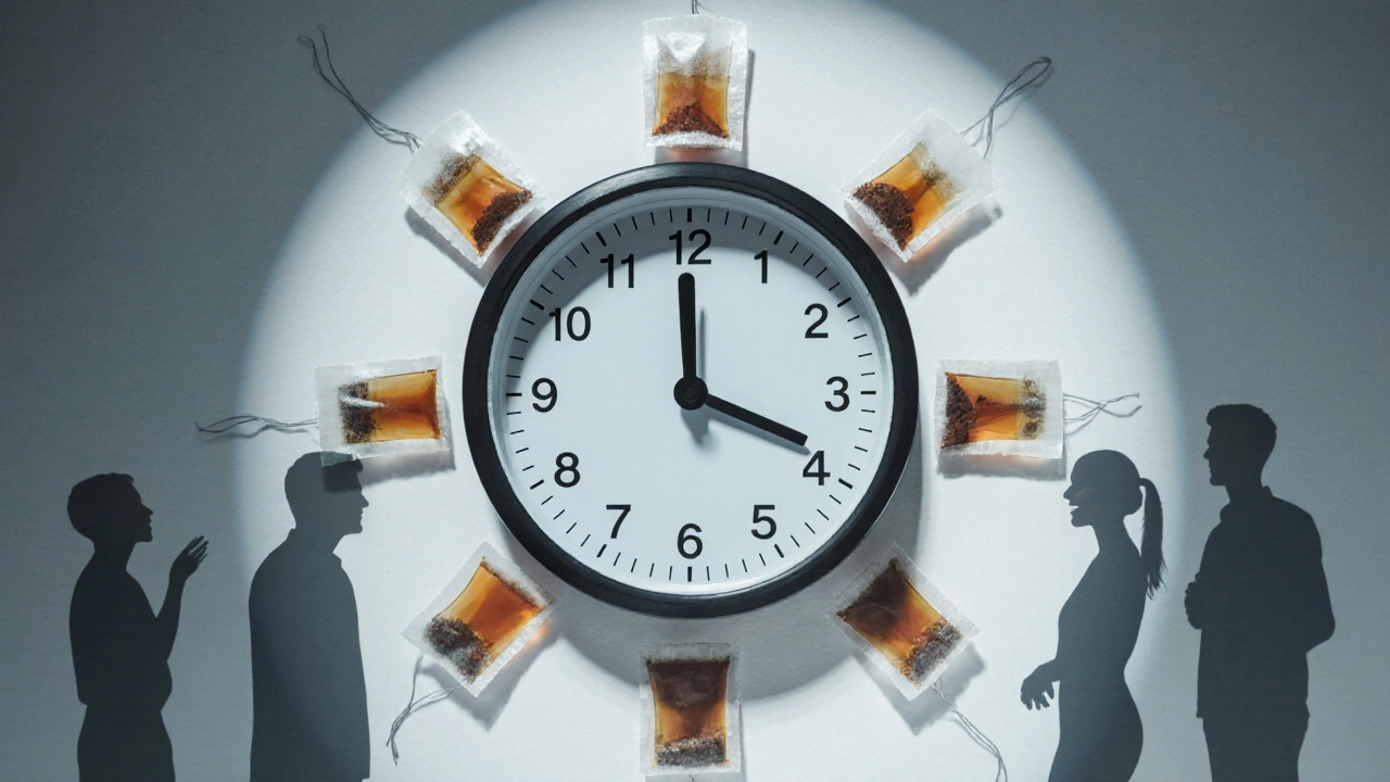 Часы показывают время и дни, вокруг — пакетики чая Тяньши, символизирующие 21-дневный курс восстановления организма.