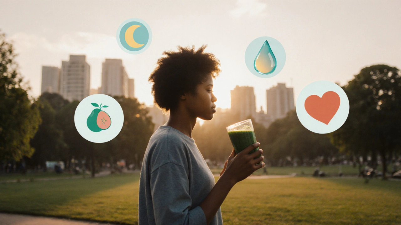 Человек гуляет на рассвете с напитком из спирулины, вокруг — символы здорового образа жизни.