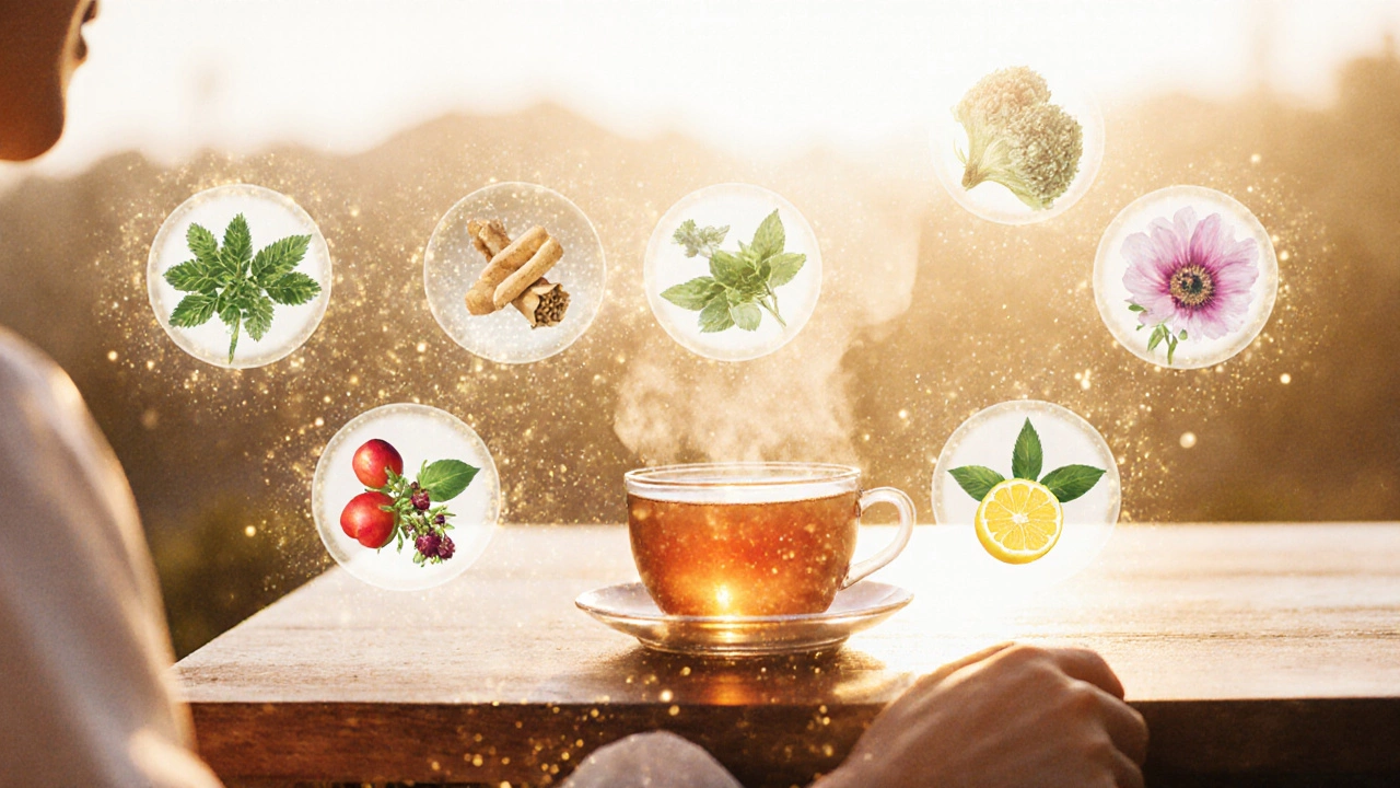 Человек пьёт чай Тяньши утром, вокруг него плавают изображения трав, составляющих напиток, в мягком водянистом стиле.