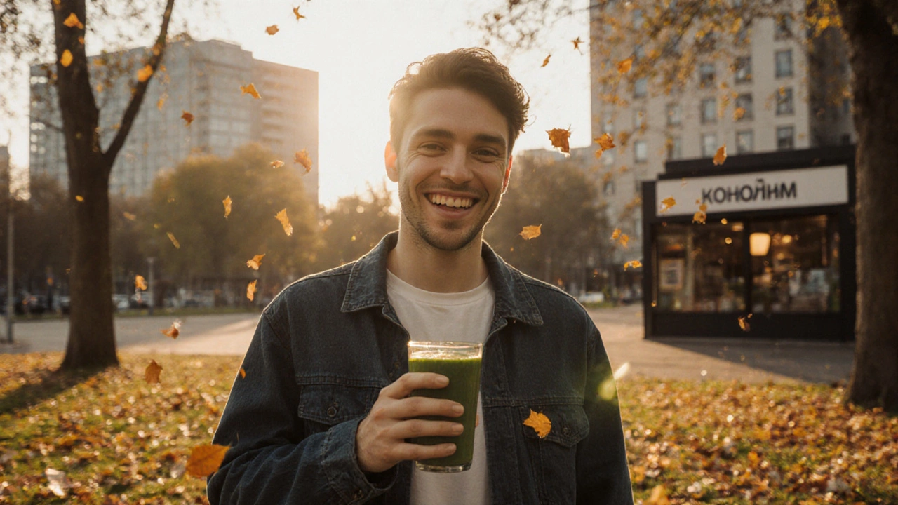 Человек пьёт смузи со спирулиной в парке Казани, осенние листья и здания на фоне.