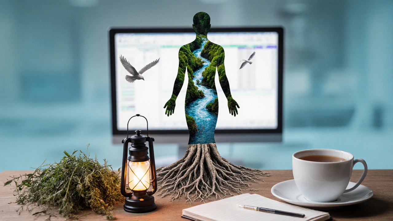 Человек, состоящий из природных и духовных элементов, символизирующих целостность здоровья.