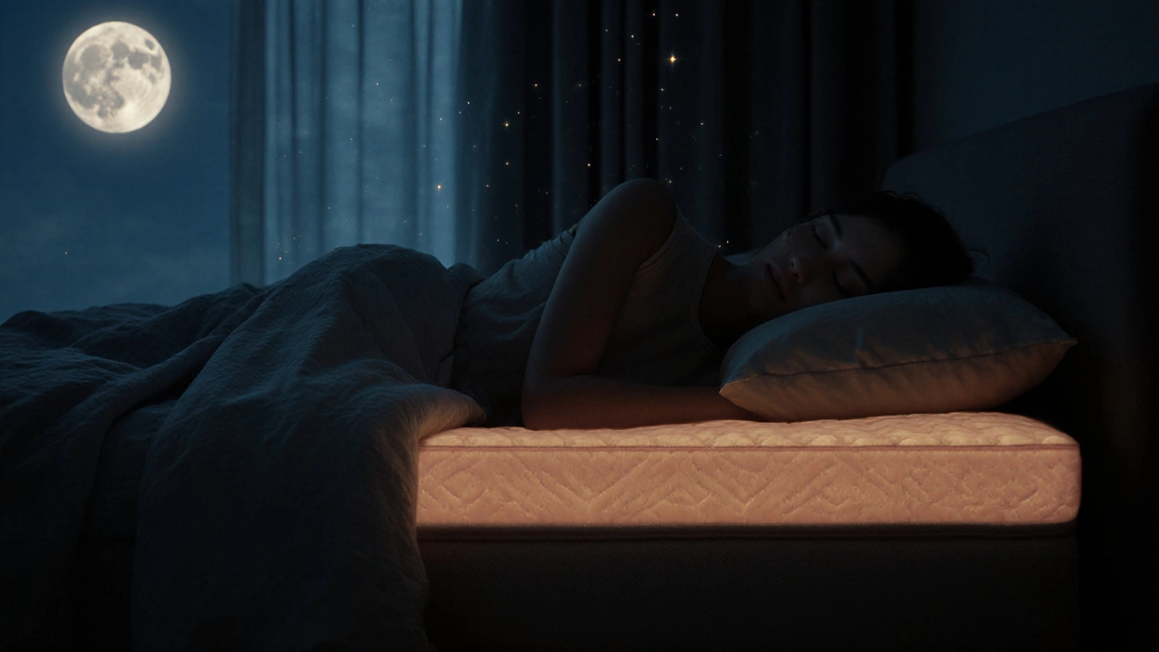 Человек спит на матрасе с турмалиновым порошком, вокруг него — тихое свечение тепла и ионов.