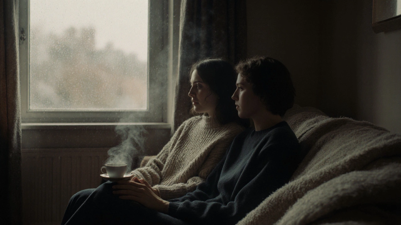 Двое молча сидят на диване, глядя в окно на дождь, рука на колене.