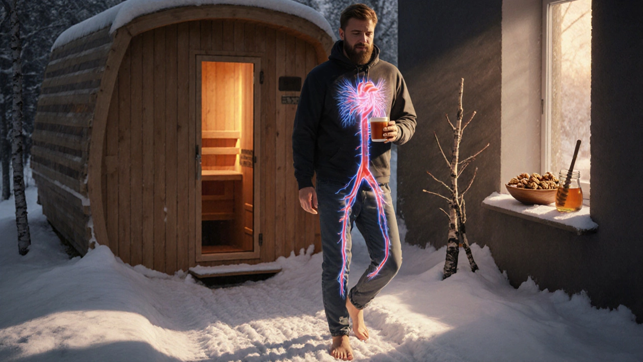 Мужчина идет по снегу с чаем, в фоне — баня и символы кровотока, зимний рассвет.