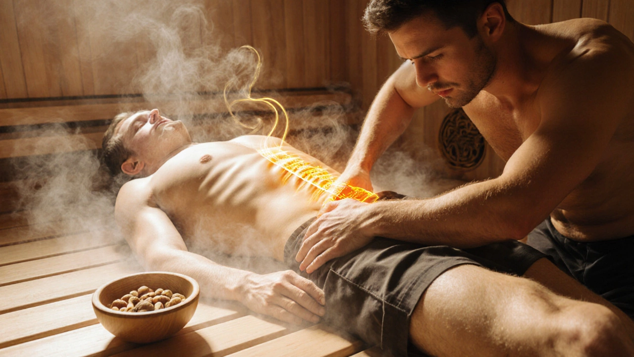 Мужчина массирует поясницу в теплой бане, рядом — миска с орехами и медом.