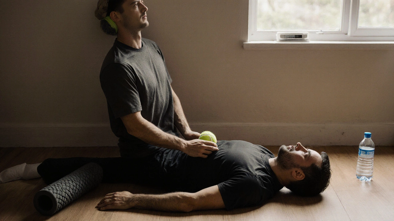 Мужчина массирует спину теннисным мячом, лежа на полу.