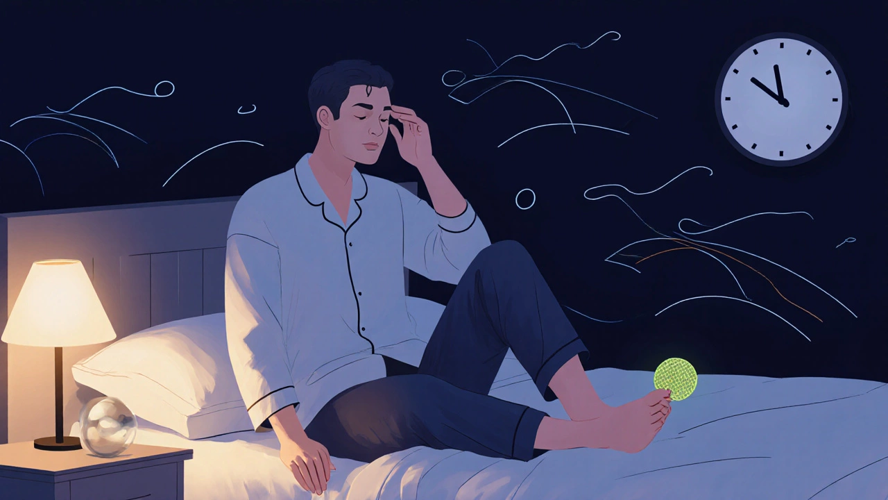 Мужчина расслабляется перед сном, воздействуя на точки на лбу и стопе.