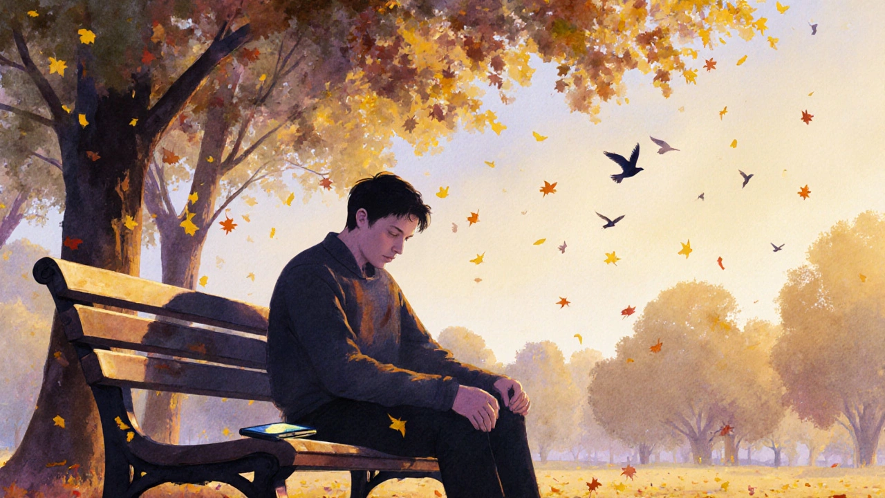 Мужчина сидит на скамейке в парке на закате, глаза закрыты, телефон лежит рядом, листья падают вокруг.