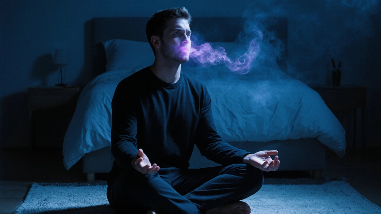 Мужчина выполняет дыхательную технику 4-7-8 перед сном в спокойной обстановке.