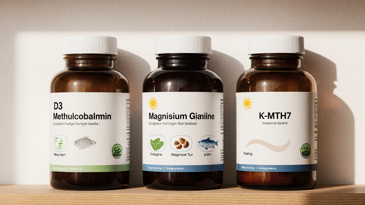 Пять качественных добавок с правильными формами на деревянной полке с символами продуктов.