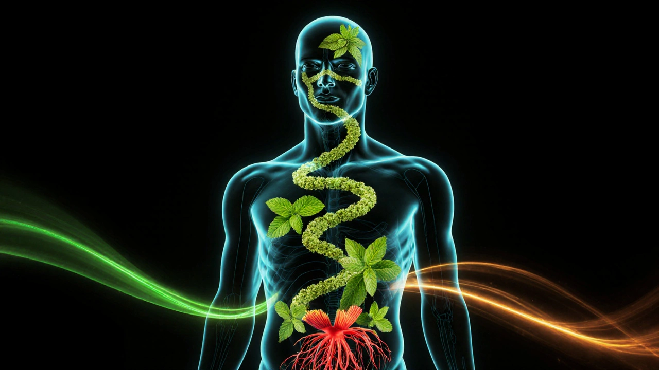 Прозрачная фигура человека, внутри которой — травы, влияющие на организм.