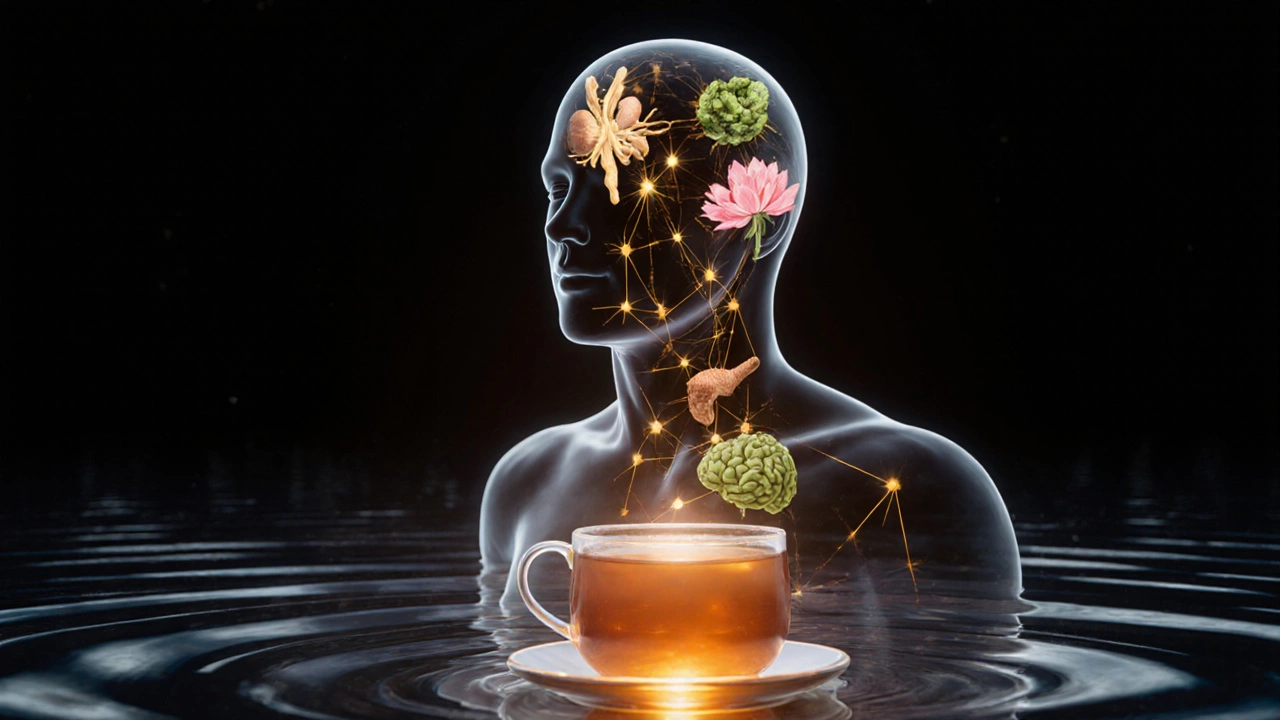 Прозрачный силуэт человека с внутренними светящимися травами, символизирующими очищение и баланс организма.