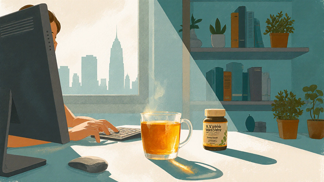 Работник за компьютером пьёт чай с зверобоем днём, ощущая лёгкое облегчение от стресса.