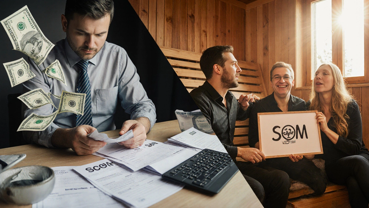 Разделённое изображение: уставший владелец франшизы теряет часть дохода vs. предприниматель с клиентами у дровяной бани.