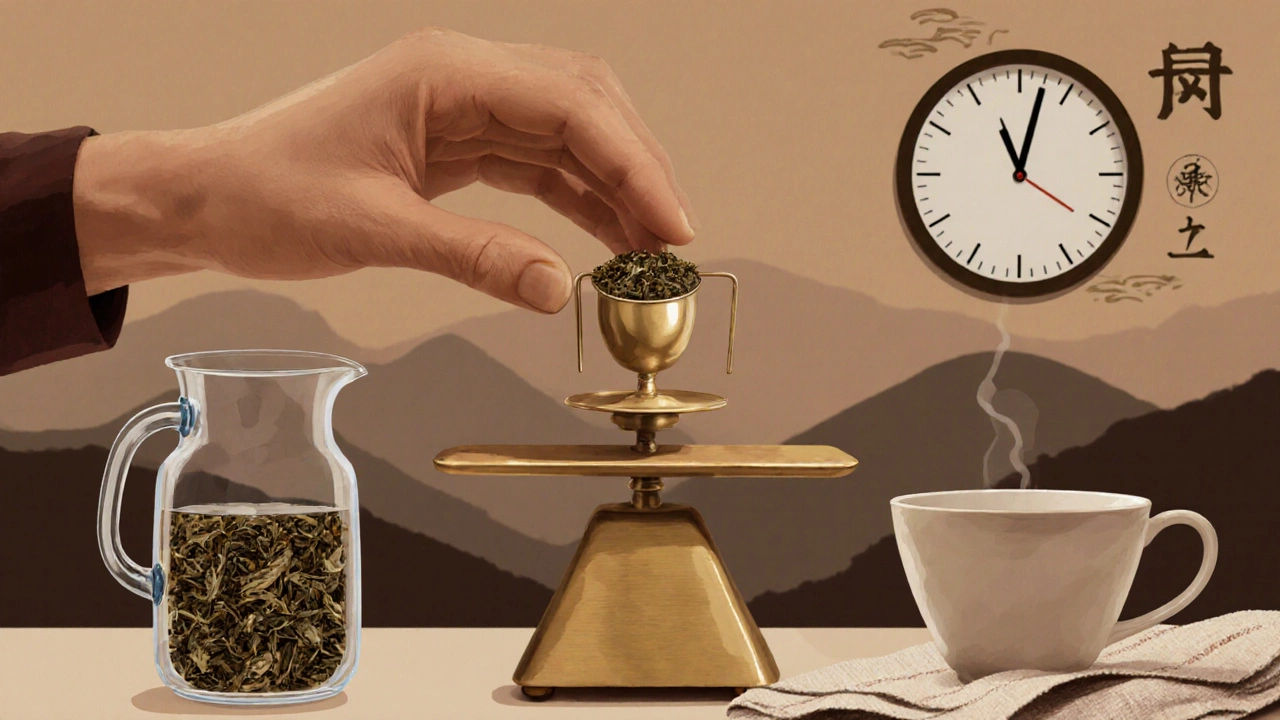 Рука отмеряет 3 грамма травяного сбора Тяньши на медной весовой чашке, утро, деревянный стол, мягкий свет.