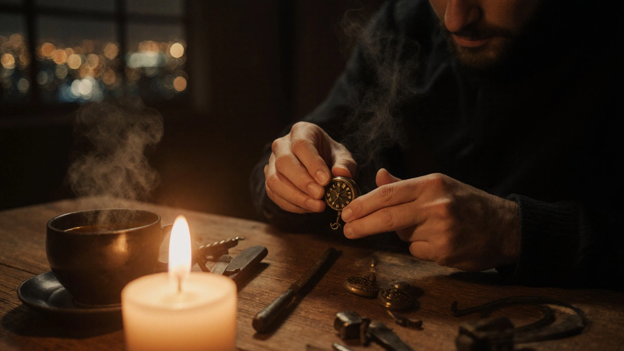 Руки мужчины полируют карманные часы при свече, чашка чая и инструменты на столе, тишина и уют.