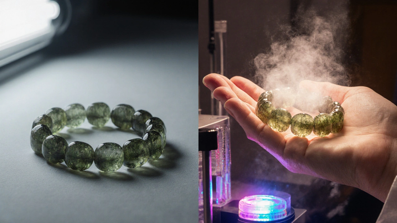Сравнение настоящего и поддельного турмалина: один нагревается и излучает энергию, другой — холодный и без эффекта.