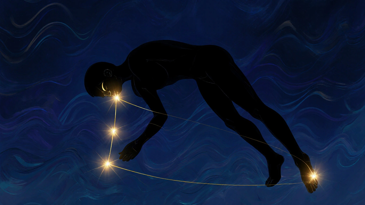 Три расслабляющие точки тела соединены светящимися линиями с силуэтом спящего человека.