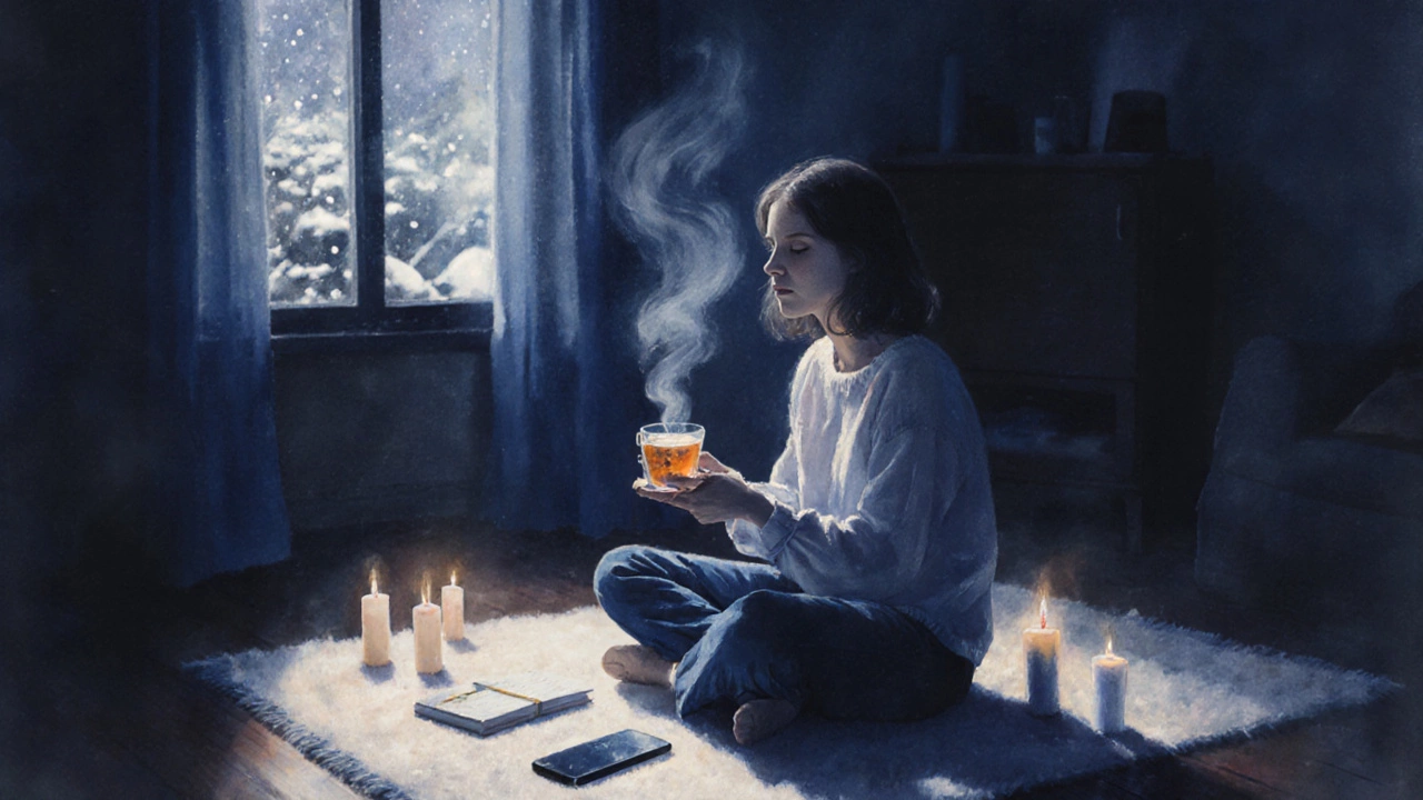 Женщина расслабляется вечером с ромашково-лавандовым чаем в тишине перед сном.