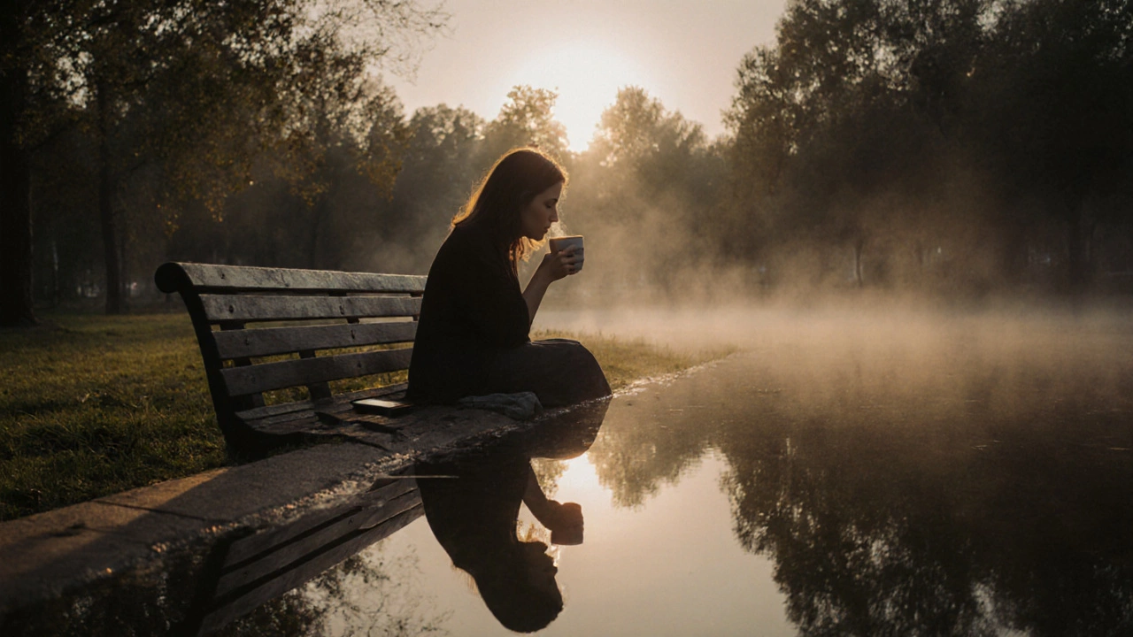 Женщина сидит на скамейке в парке на рассвете, пьёт чай и возвращается к себе.