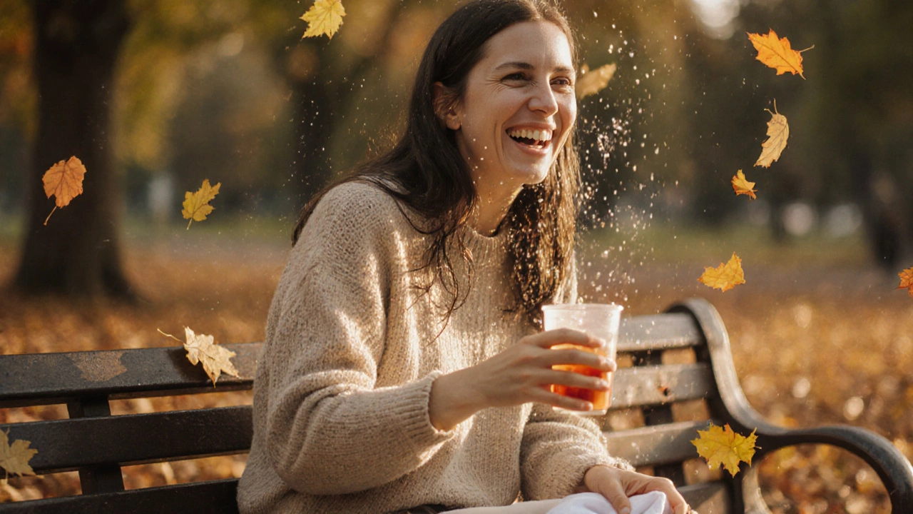 Женщина смеётся, опрокинув напиток, сидит на скамейке под падающими листьями.