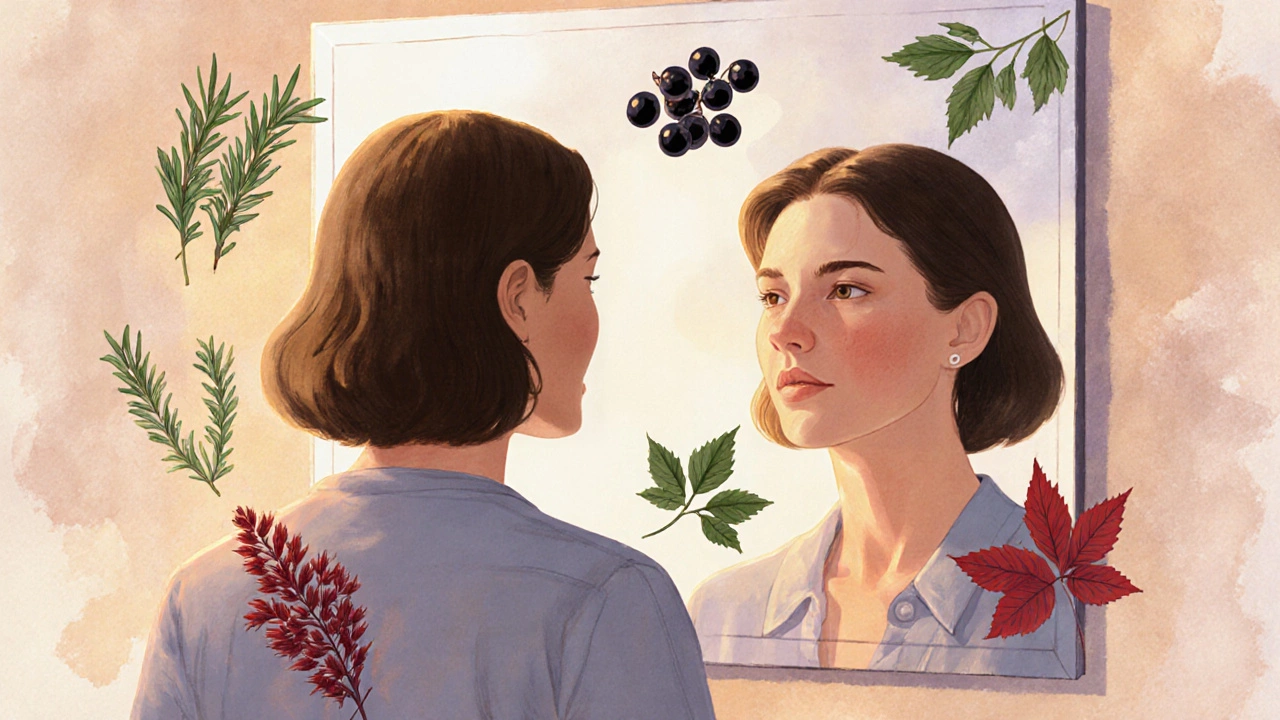 Женщина смотрит в зеркало, вокруг неё парят травы, символизирующие гормональный баланс.