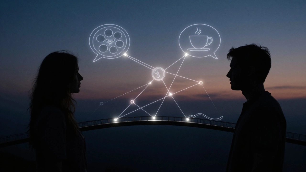 Абстрактная связь между двумя людьми, созданная светящимися нитями, символизирующими искренние вопросы и эмоции.