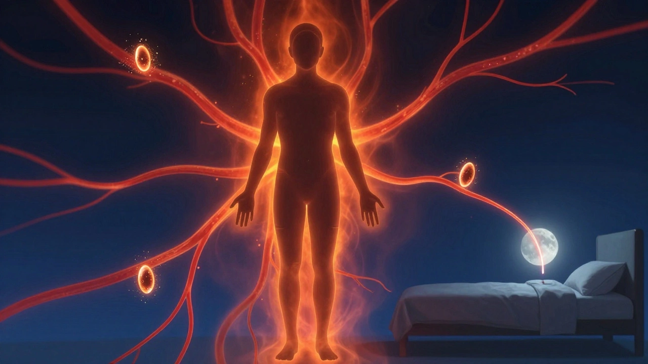 Абстрактное изображение тела с тепловыми волнами и эндорфинами, символизирующее биологические процессы после сауны.
