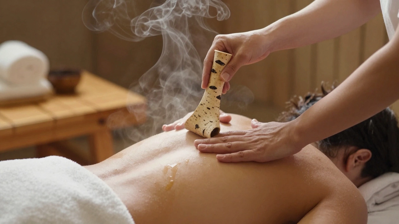 Банщица мягко обнимает веником тело клиента на деревянной скамье в парной, движение плавное и уважительное.