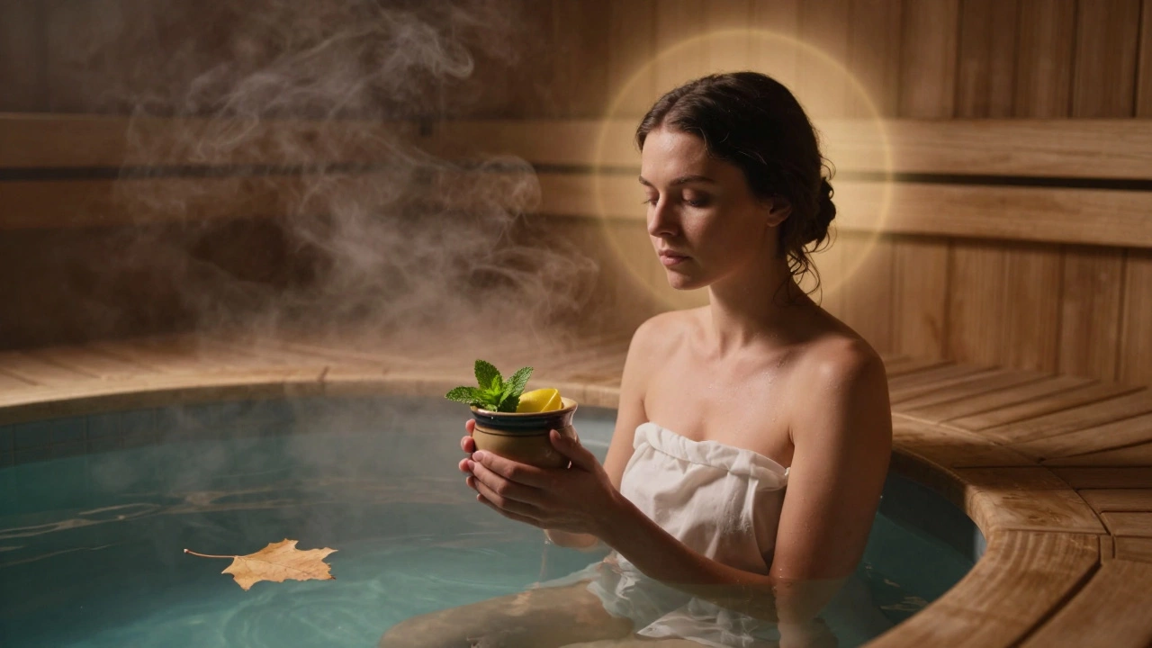 Банщица сидит молча рядом с чашкой травяного отвара, окружённая тишиной после бани.