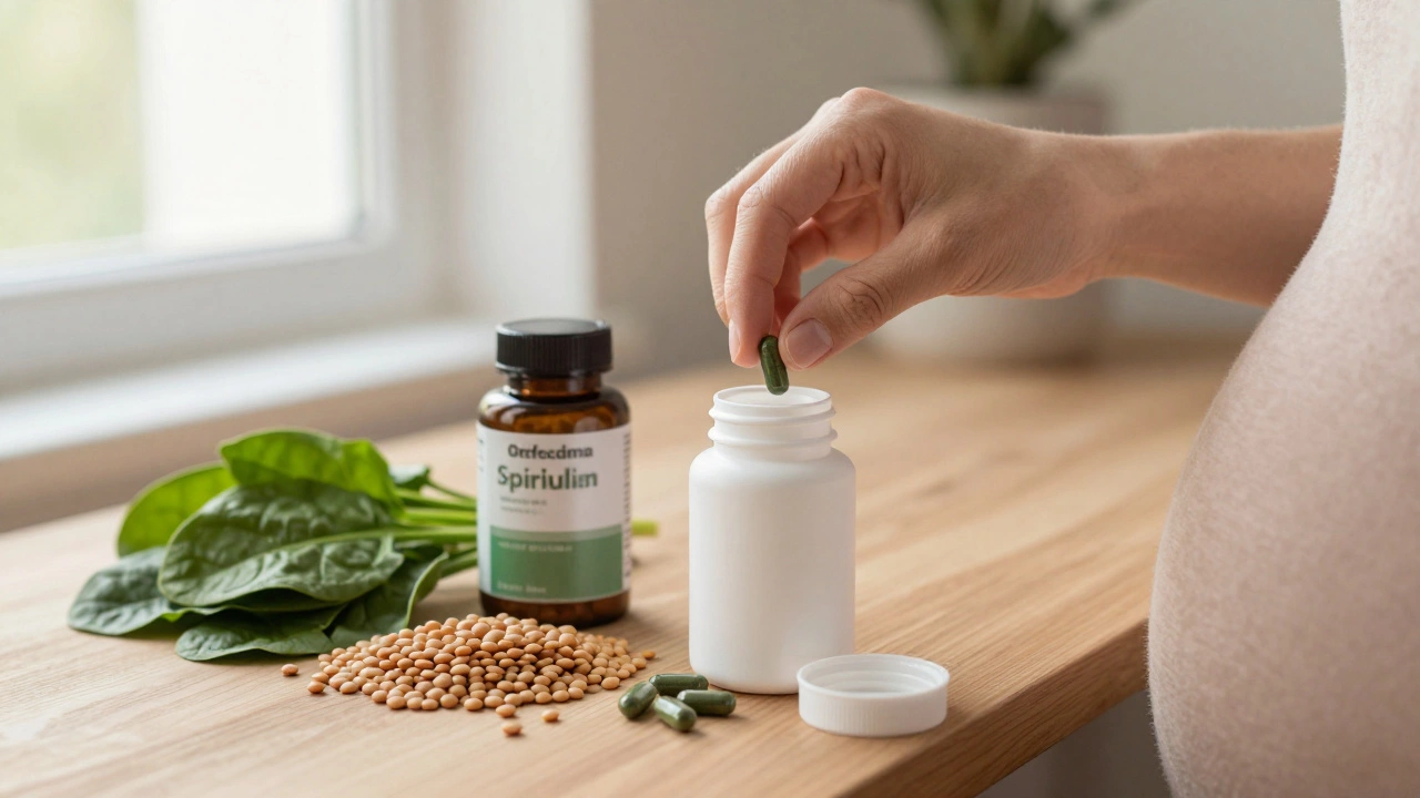 Беременная женщина кладёт капсулу спирулины обратно, рядом — шпинат, чечевица и витамины для беременных.