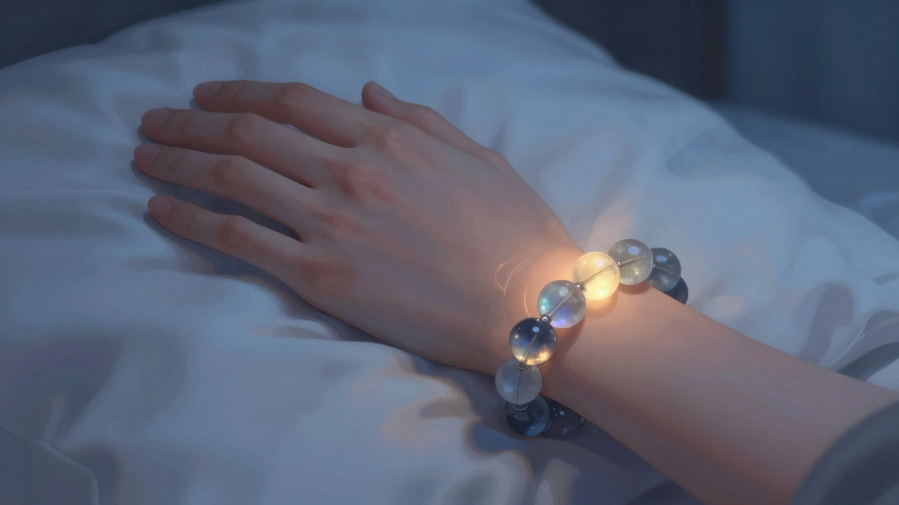 Близкий план руки с гладким браслетом из турмалина на подушке, тёплые оттенки света.