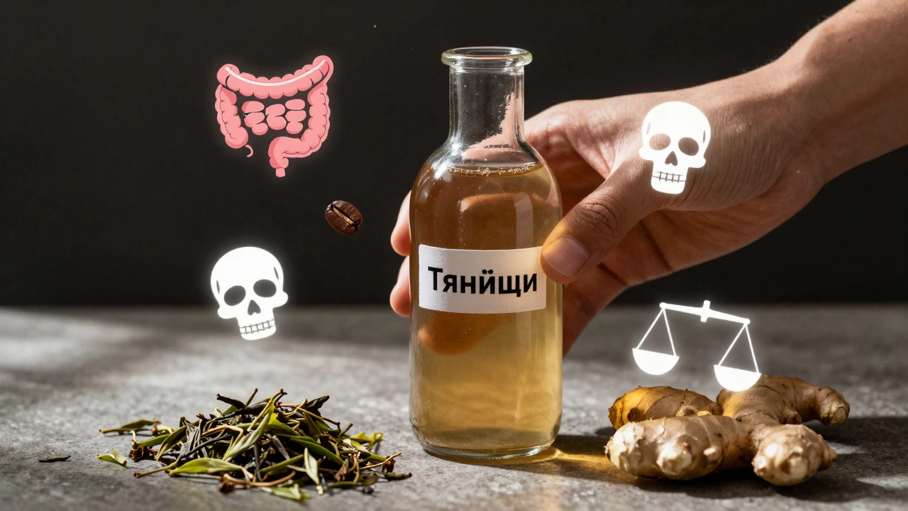 Бутылка с чаем Тяньши окружена предупреждающими символами, рядом — натуральные ингредиенты.