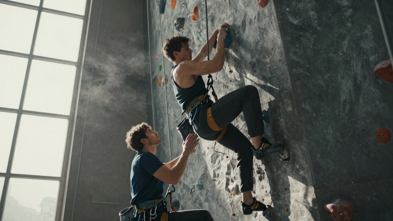 Два человека лазают по скалодрому, один висит на стене, другой поддерживает его.