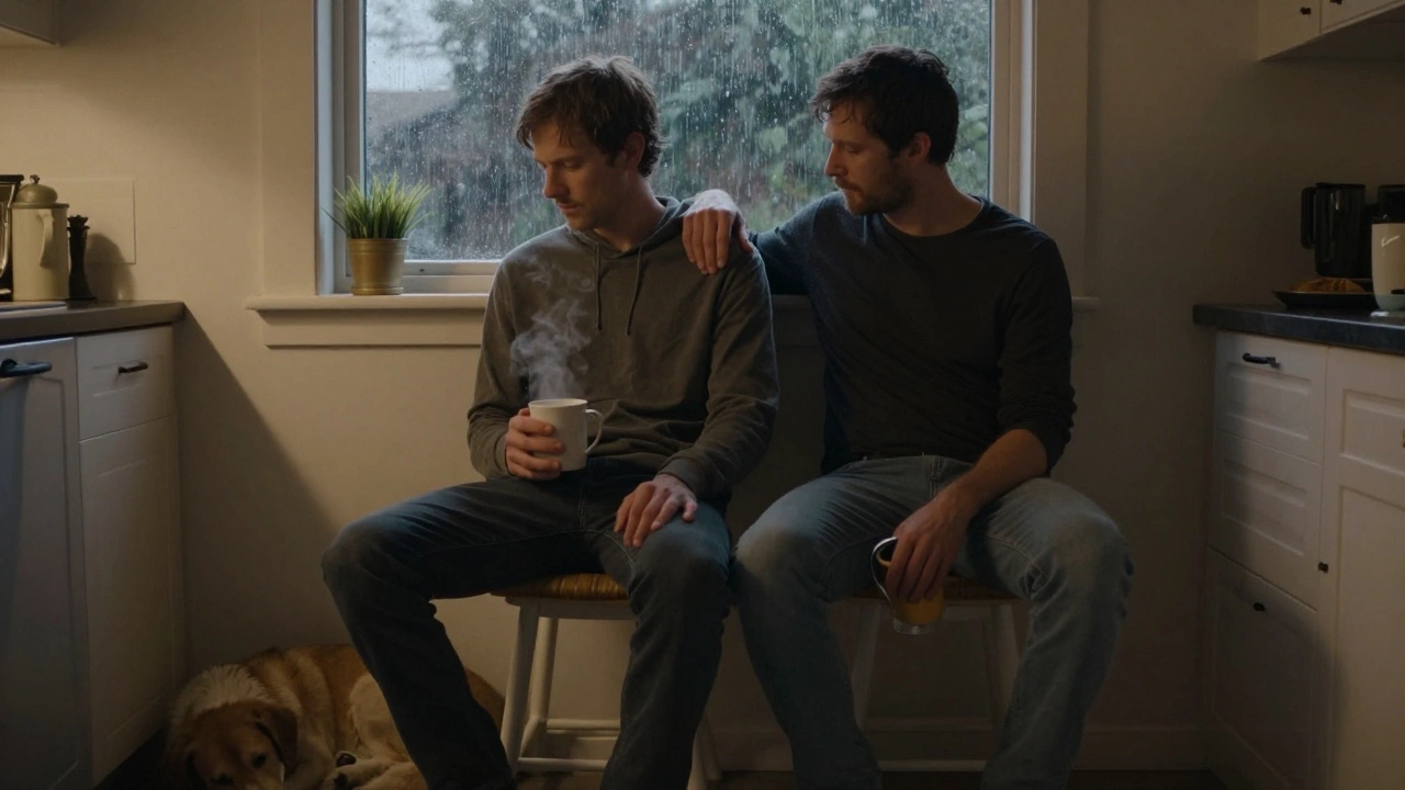 Два мужчины молча пьют чай на кухне, дождь за окном, собака спит у их ног.