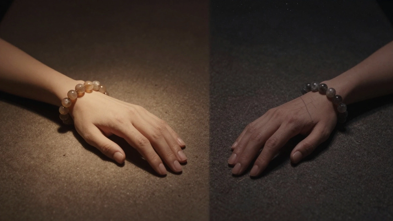 Два образа: рука с браслетом в спокойном сне и без него — символ уюта и тревоги.