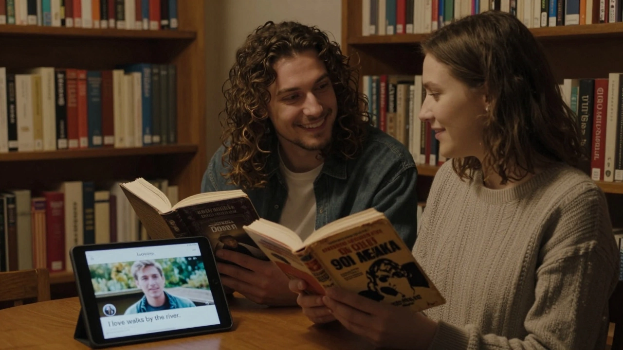 Двое людей в библиотеке улыбаются, держа книги, на столе — планшет с видео-профилем.