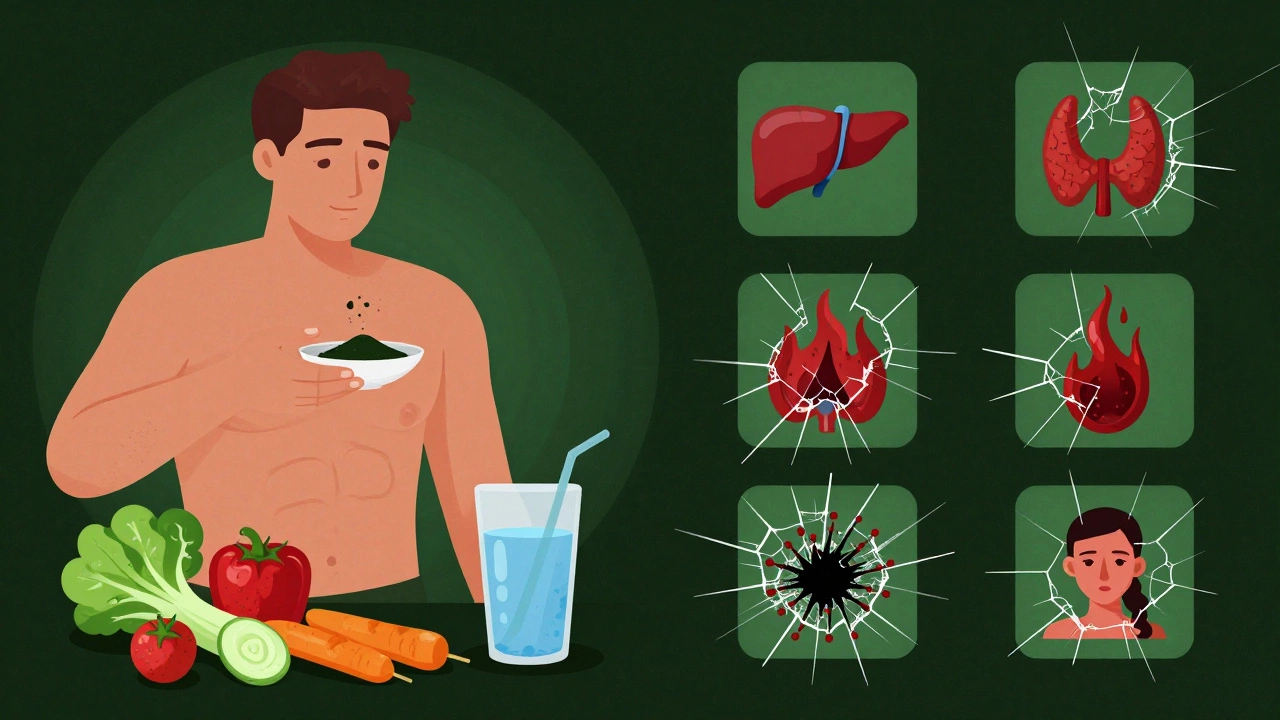 Двусторонняя иллюстрация: здоровый приём спирулины слева, пять предупреждающих символов справа.