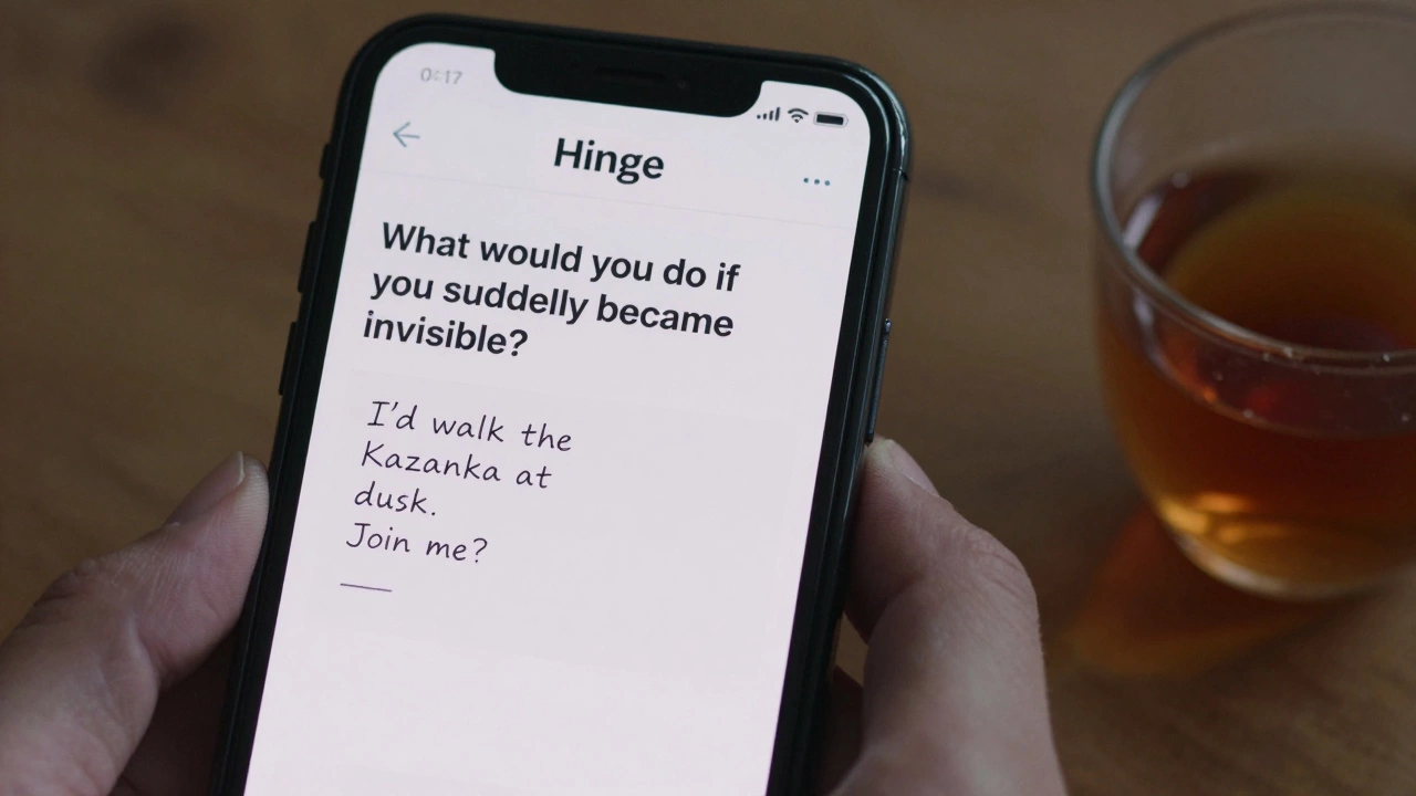 Экран телефона с приложением Hinge: текстовый диалог о невидимости и прогулке по реке, без фотографий.