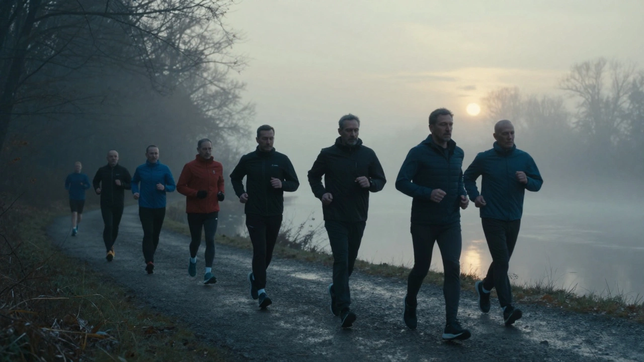 Группа мужчин старше 45 бежит по лесной тропе на рассвете, туман и тишина вокруг.