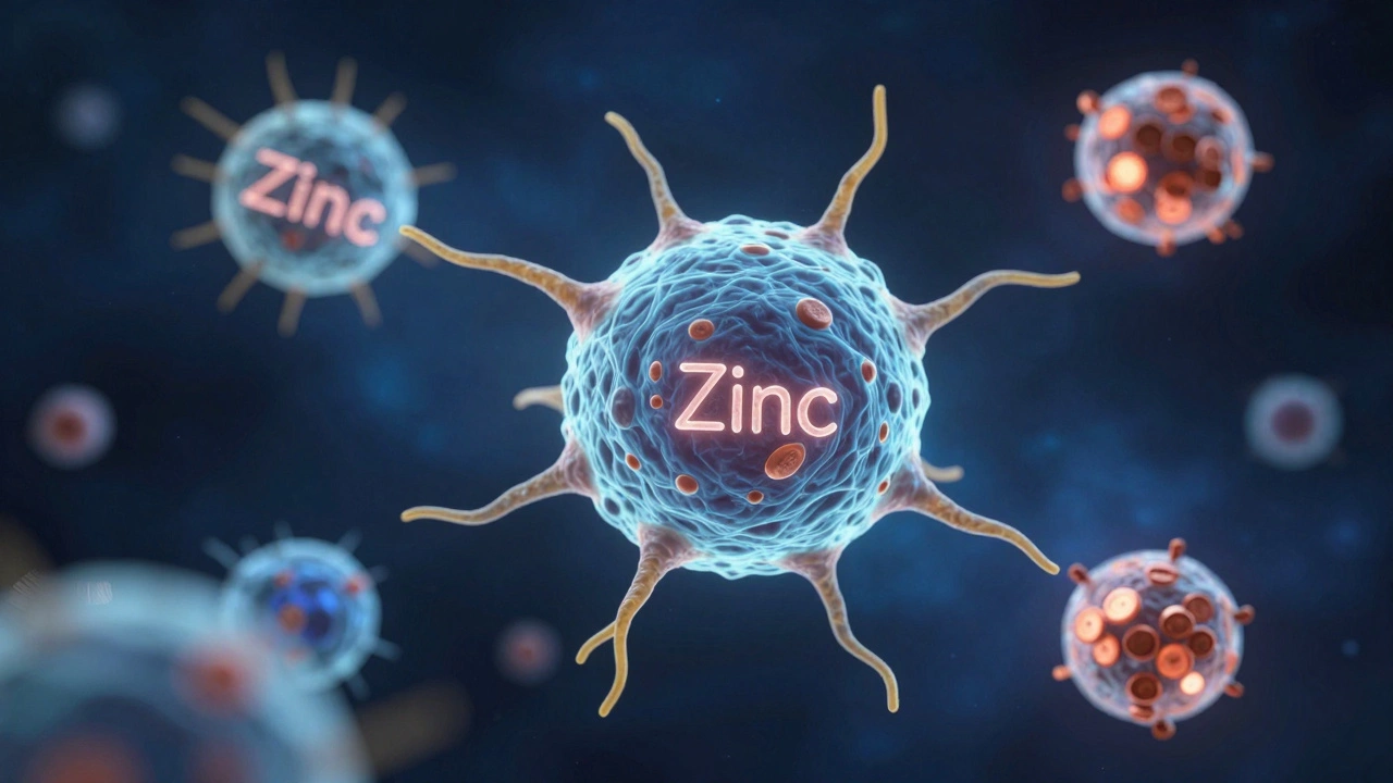 Иммунная клетка окружена светящимися микроэлементами: цинком, селеном, магнием, железом и медью в космическом пространстве.