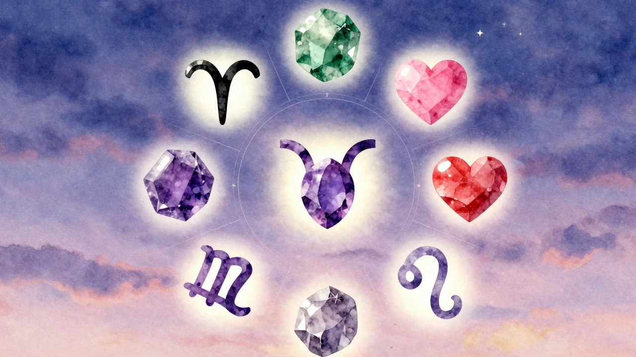 Колесо зодиака с шестью знаками, над каждым — турмалин нужного цвета.