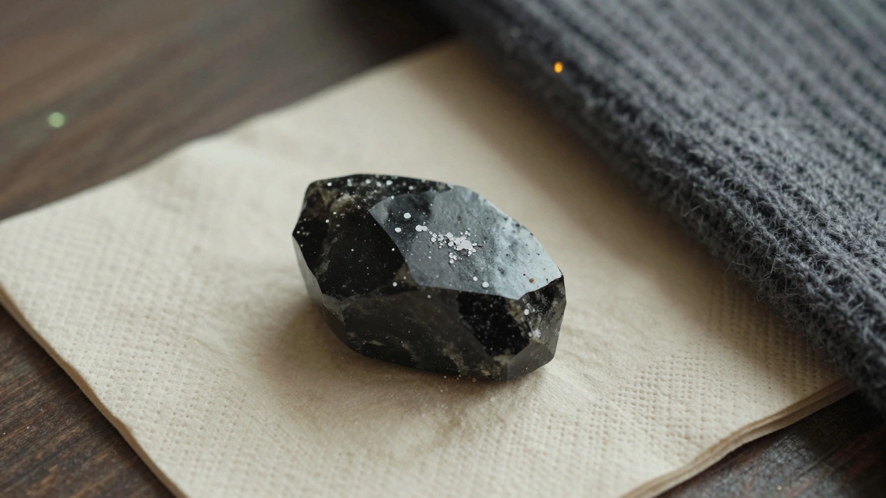 Мелкие кристаллы соли притягиваются к турмалину из-за статического заряда.